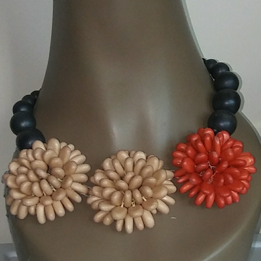 Vintage Red Cream Black Flower Necklace